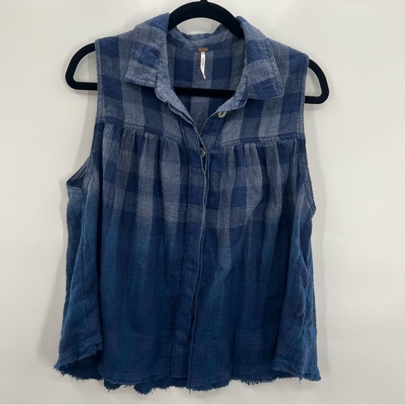 Free People Hey There Sunrise Button Down Gingham Sleeveless Shirt Blue M - Picture 6 of 15